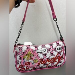 Ed Hardy Pink and White Skull Shoulder Bag